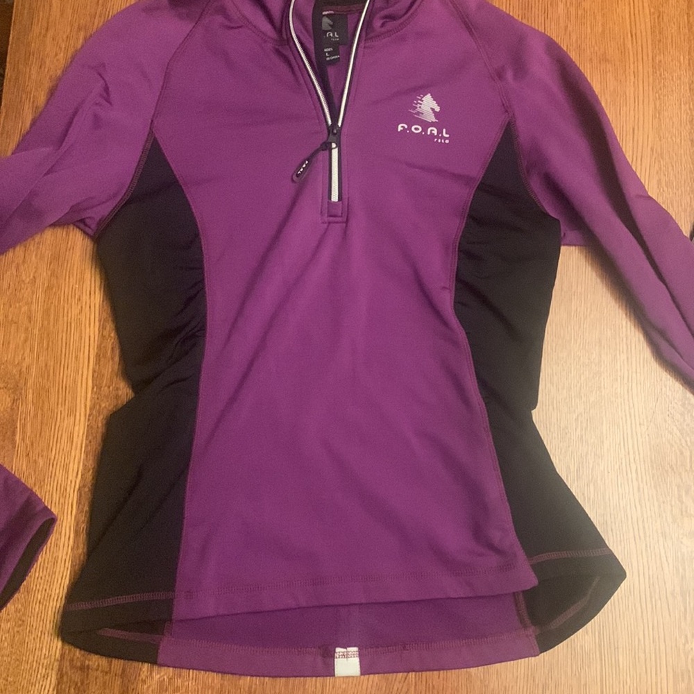 FOAL 1/4 zip pullover purple, reflective strip, flattering! Size L